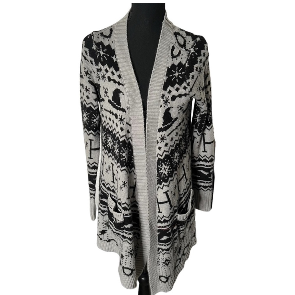 Hot Topic Harry Potter Fair Isle Gray Black Open Cardigan Medium - Picture 4 of 8